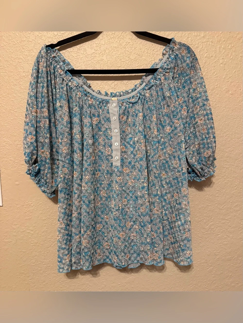 Free People Astra Floral Puff-Sleeve Peasant Top in Light Blue